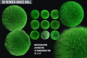 3D渲染球状绿藻植物背景图素材 Grass Ball