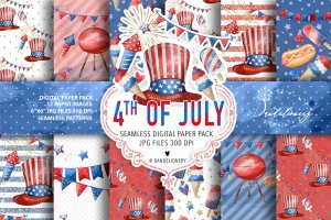 美国7月4日主题水彩数码纸图案设计素材 Watercolor 4th of July digital paper pack