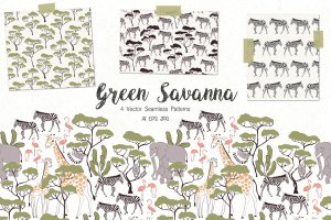 绿色大草原无缝图案背景素材 Green Savanna