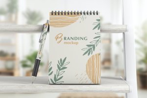 笔记本与笔文具品牌预览样机模板 Notebook With Pen Branding Mockup