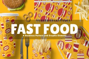 西式快餐无缝图案＆图形元素 Fast Food Seamless Pattern and Graphic Element