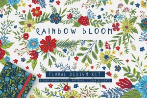 彩虹绽放花卉剪贴画设计素材 Rainbow Bloom Floral Design Kit