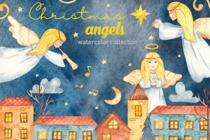 水彩手绘圣诞天使剪贴画&卡片元素 Watercolor Christmas Angels. Clipart, cards