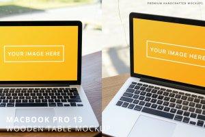 MacBook Pro 13网页设计屏幕预览效果图样机 MacBook Pro 13 Wooden Table Mockup