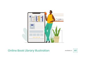 在线图书馆矢量插画素材 Online Book Library Illustration