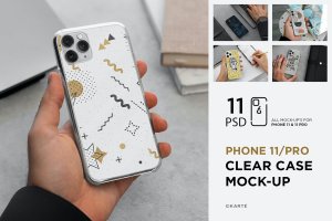 可编辑iPhone11/11 Pro实体手机样机模板 Phone 11/Pro Clear Case Mock-Up