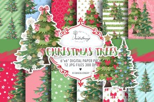 圣诞树水彩图案背景素材包 Christmas tree digital paper pack