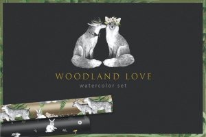 黑白相间森林动物水彩插画套装 WOODLAND LOVE watercolor set