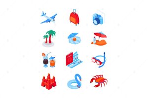 海滩度假旅行主题等距图标素材 Beach vacation and traveling – isometric icons