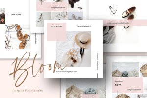 女性服装商店Instagram帖子&故事社交贴图模板 Bloom Instagram Post and Stories