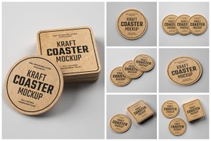 复古牛皮纸杯垫品牌标签设计样机模板集 Kraft Beverage Coaster Mockup Set