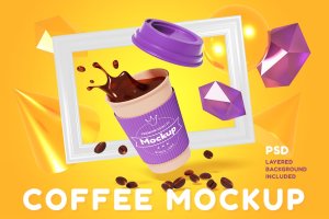 3D咖啡杯&画框样机 3d coffee cup mockup with frame