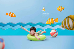 儿童暑假海边旅行主题视觉概念海报设计模板