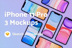 iPhone 11 Pro实体手机样机模板（3个场景） iPhone 11 Pro – Sketch Mockup – 3 different scenes