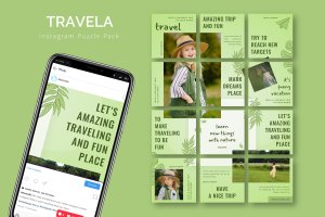 绿色植物元素Instagram拼图模板套装 Travela – Instagram Puzzle Pack
