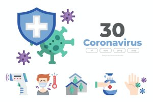 30个冠状病毒主题扁平化图标 30 Coronavirus Icons – FLAT