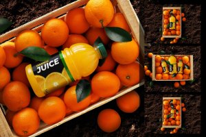 真实橙子场景橙汁瓶包装设计样机 Orange Juice Bottle Mockup