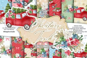 圣诞红色卡车数码纸图案素材包 Christmas Truck digital paper pack