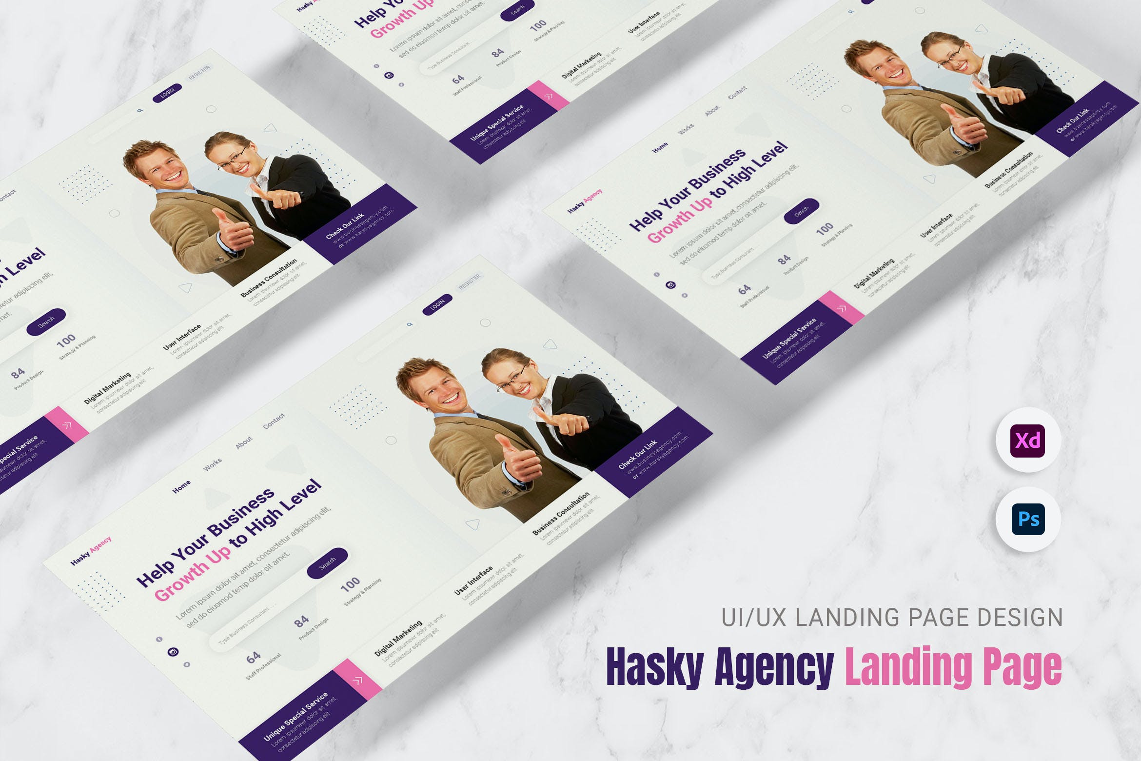 商业金融简约业务代理网站登陆页面设计 Hasky Agency Landing Page