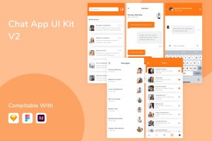 经典橙色APP聊天应用程序UI设计套件模板 Chat App UI Kit V2