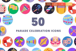 游行庆典圆形彩色图标素材 Parade Celebration Icons