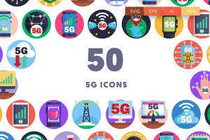 50个5G网络主题圆形彩色图标集 50 5G Icons