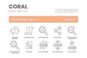 90个社交媒体代理商主题线条图标集 90 Social Media Agency Line Icons