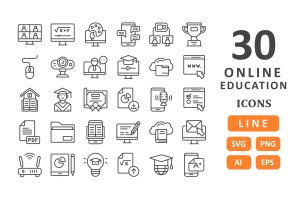 30个在线教育主题线条图标素材 30 Online Education Icons – Line