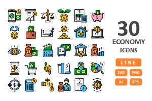30个金钱经济主题填充图标集 30 Economy Icons – Filled Line