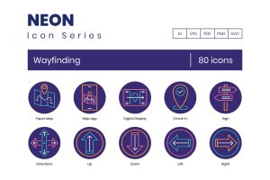 80枚霓虹系列寻路图标素材 80 Wayfinding Icons – Neon Series