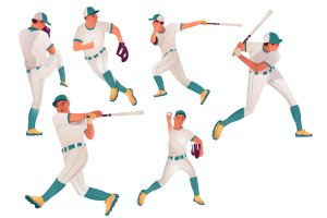 棒球运动员人物角色矢量插画素材 Baseball Illustration with 6 Different Poses