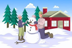 堆雪人冬季户外活动矢量插画 Making a Snowman – Winter Activity Illustration