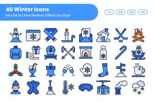 40个冬季填充线条图标集 40 Winter Icons Set – Filled Line