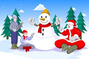 儿童圣诞老人堆雪人冬季户外活动矢量插画 Kids Making a Snowman with Santa Claus