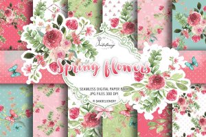 水彩春天花朵数码纸图案素材包 Spring flowers digital paper pack