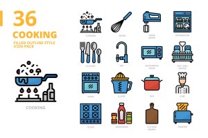 烹饪主题填充轮廓样式矢量图标集 Cooking Filled Outline Style Icon Set