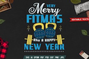 杠铃元素新年快乐设计模板 Merry Fitmas, Happy New Year Design Template
