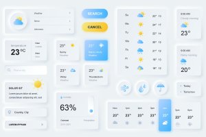 新拟物化风格天气App设计元素移动应用程序UI套件 Neumorphic Weather Elements Mobile App UI Kit