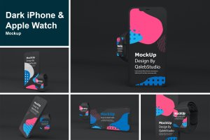 黑色iPhone 12和Apple Watch样机 Dark iPhone 12 & Apple Watch Mockup