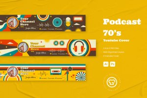 70年代播客Youtube封面Banner设计模板 Podcast 70s Youtube Cover