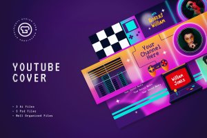 像素游戏Youtube封面Banner设计模板 Gamers Synthwave Youtube Cover