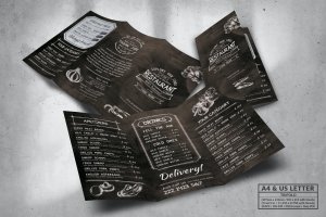 黑色木纹三折页美食菜单设计模板 Stylish Trifold Food Menu – A4 & US Letter