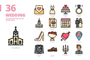 婚礼主题填充轮廓样式图标集 Wedding Filled Outline Style Icon Set