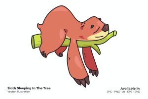 树懒动物卡通插画矢量素材 Sloth Sleeping In The Tree