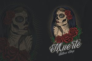 墨西哥女孩-纹身Logo标志设计矢量插画 Mexican Girl – Tattoo Logo