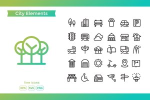 30枚线条风格城市元素图标 City Element Line Icons