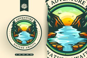 冒险旅行河流徽章Logo插画 Adventure Badge Illustration