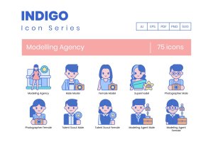 75枚模特公司主题矢量图标 75 Modelling Agency Icons – Indigo Series