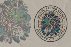 锦鲤-纹身Logo标志设计矢量插画v2 Koi V2 – Tattoo Logo