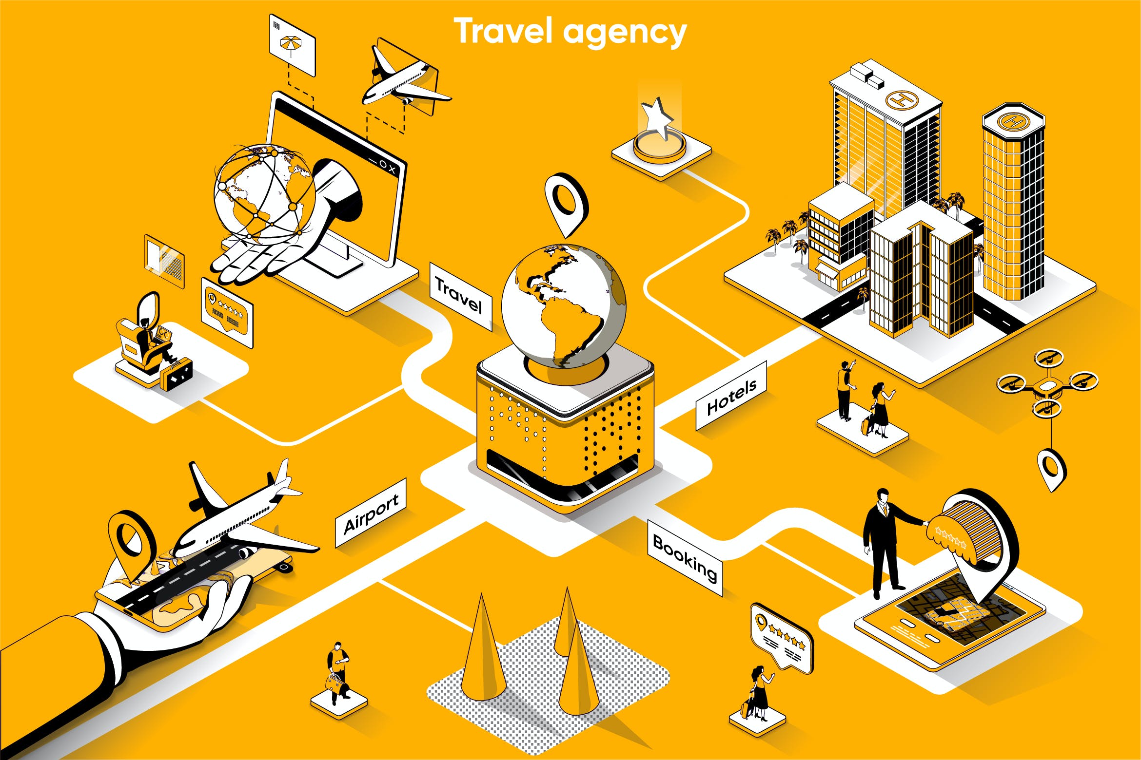 旅行社3d等距场景web插画矢量素材 组织度假旅游平面等距概念
